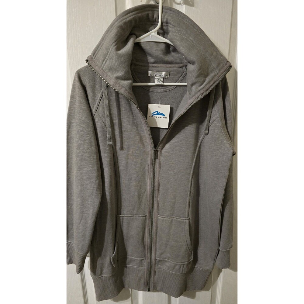 Tri Mountain Jacket Women's Medium Gray Fleece Lined Drawstring Long Jacket